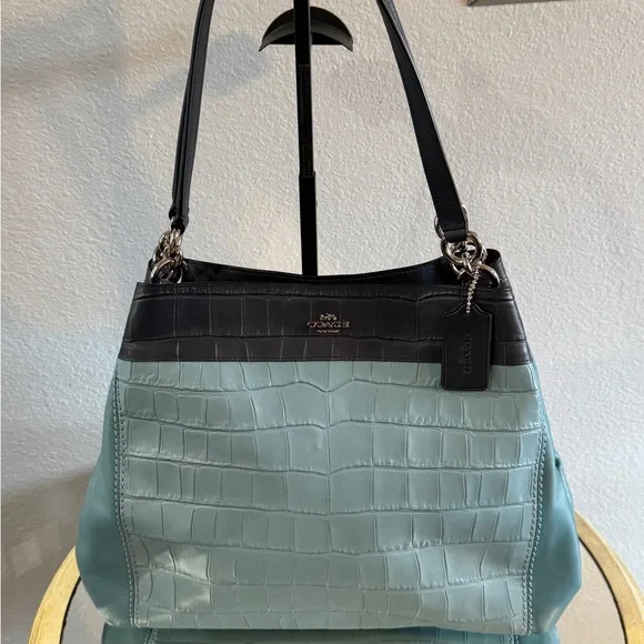 Coach Navy and Teal Croc-Embossed Shoulder Bag - Picture 3 of 16